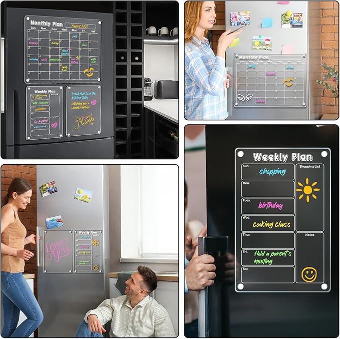 DIYMAG 3Pack Acrylic Magnetic Dry Erase Calendar for Fridge, Clear Acrylic Calendar Planning Board Set Magnetic Weekly Monthly Planner Memo Board for Refrigerator with 6 Highlight