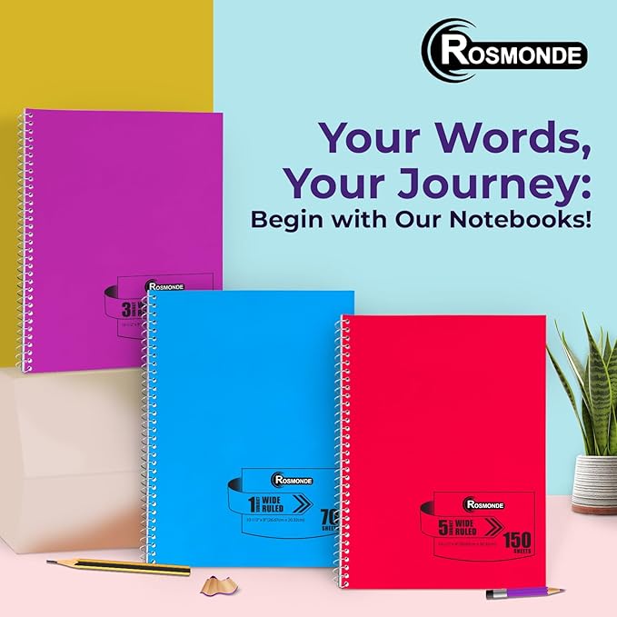 5 Subject Spiral Notebook, 3 Pack, Wide Ruled, Water Resistant Cover, Thick 300 Pages/Book (150 Sheets), 8 x 10-1/2, 3 Hole Punched, Colored Dividers, Assorted Colors, Bulk School & Office