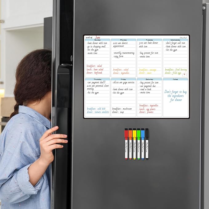CLEVER CLEAN Magnetic Dry Erase Weekly Calendar - 14.25"x11.25" Weekly Calendar for Fridge - 6 Extra Fine Point Markers Included - Shipped Flat