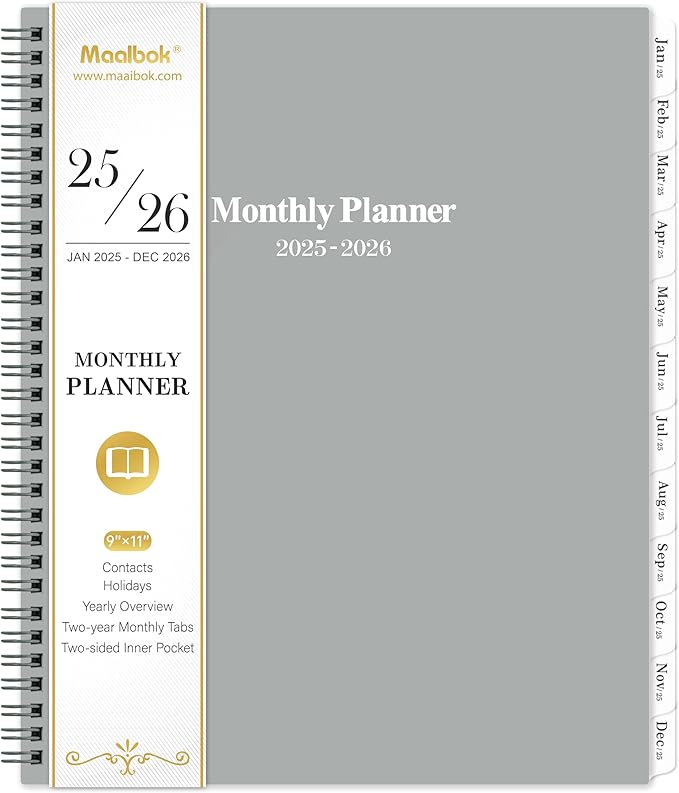 2025-2026 Monthly Planner/Calendar - 2 Year Planner 2025-2026, Monthly Tabs, 9ββ Γ 11ββ, Jan. 2025 - Dec. 2026, Hard Cover, Inner Pocket - Grey