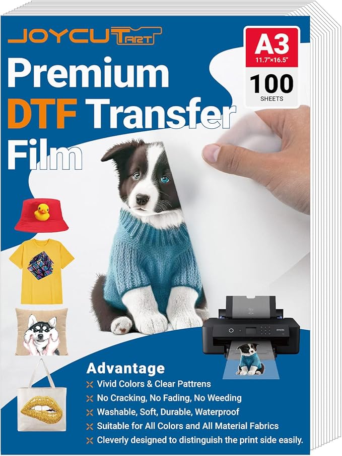 JOYCUT DTF Transfer Film - A3(11.7"×16.5")100 Sheets Double-Sided Matte Finish, DTF Film for Sublimation and DTF Inkjet Printer, Direct to Film Transfer Paper for T-Shirts