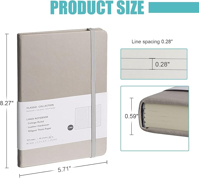 Lined Journal Notebook, 10Pack(Grey), 160 Pages, Medium 5.7 inches x 8 inches - 100 gsm Thick Paper, Hardcover
