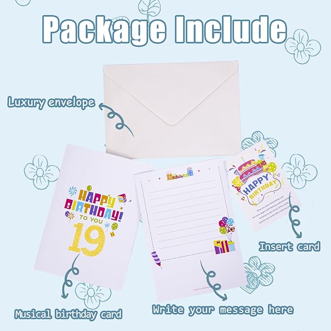Gumry 19TH Musical Birthday PopUp Card, Blowable Colorful Light Candle 3D Cards with Song, Applause Cheers Sound, Greeting Cards Birthday Gifts Decorations for Girls Boys Turning 19 Years Old