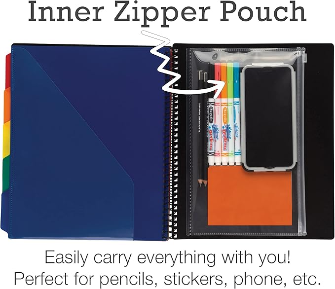 Samsill 10 Pocket Poly Organizer with 5 Dividers,File Folders Letter Size,Customizable Front Cover,Inner Zipper Pouch,Erasable Write-On Tabs in Assorted Colors,Plastic Folder with Pockets