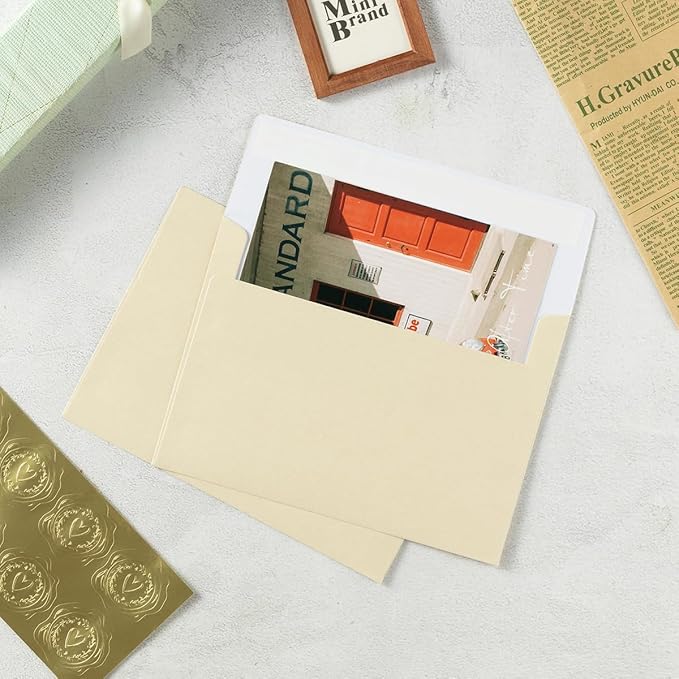 Wishop 50 Pack Shiny Self-Adhesive Envelopes with Shiny Fold Cards for Wedding Invitations, Greeting Cards, Baby Shower, Letter Mailing (Cream Color, 4x6)