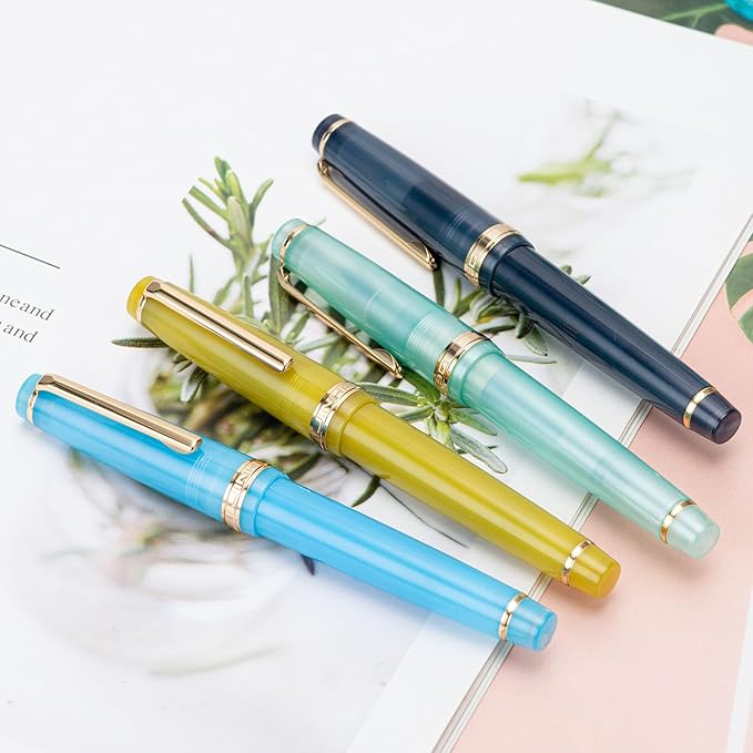 Jinhao 82 Acrylic Fountain Pen, Iridium Bent Nib with Ink Converter, Transparent Sea Blue Classic Design Calligraphy Pen (Gold Trim)