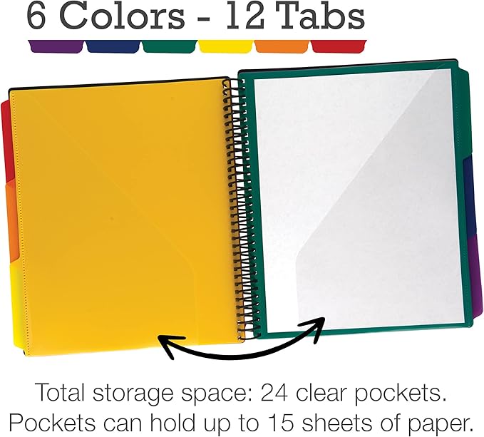 Samsill 2 Pack Deluxe 24 Pocket Spiral Project Organizer with Inner Zipper Pouch, Customizable Front Cover, 12 Dividers with Erasable Write-On Tabs in Assorted Colors, Plastic Folders with Pockets