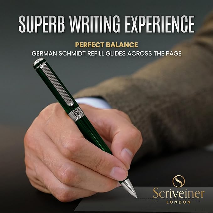 Scriveiner Green Ballpoint Pen - Stunning British Racing Green Luxury Pen, Chrome Finish, Schmidt Black Refill, Best Ball Pen Gift Set for Men & Women, Professional Executive Office, Nice Designer Pen