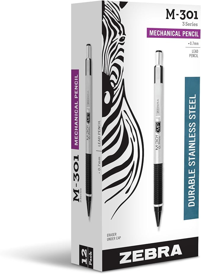Zebra Pen M-301 Mechanical Pencil, Stainless Steel Barrel, Medium Point, 0.7mm, Black Grip, 12-Pack