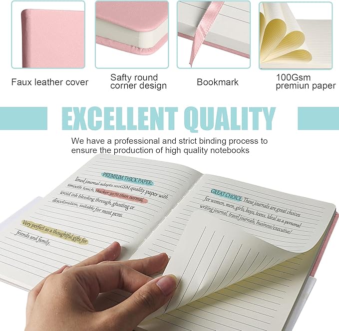 Lined Journal Notebook, 10Pack(Pink), 160 Pages, Medium 5.7 inches x 8 inches - 100 gsm Thick Paper, Hardcover