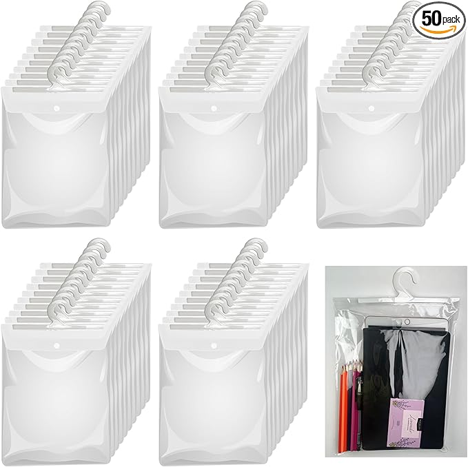 Hanging Storage Bags with Hanger,13" X11" Large Hook Hang-Up Clear Plastic Bags,Book Pouch School Supply Kit Classroom Organization for Classroom Library School Supplies Home Pharmacy Use (50)