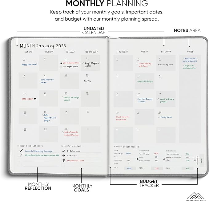 PRODUCTIVITY STORE Pro Max - Undated, 2025 Planner, 8.5" x 11" - The #1 Productivity Planner to Achieve Your 2025 Goals - Planner 2025-2026 - Grey - A4