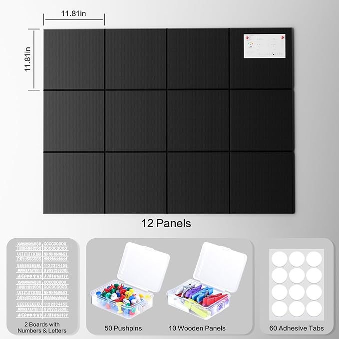 Large Cork Board Alternative 48"x36" Cork Board Felt Wall Tiles 12 Packs Bulletin Board Safe Removable No Damage for Walls Office School Tack Board Felt Letter Board Pin Board with Numbers & Pushpins