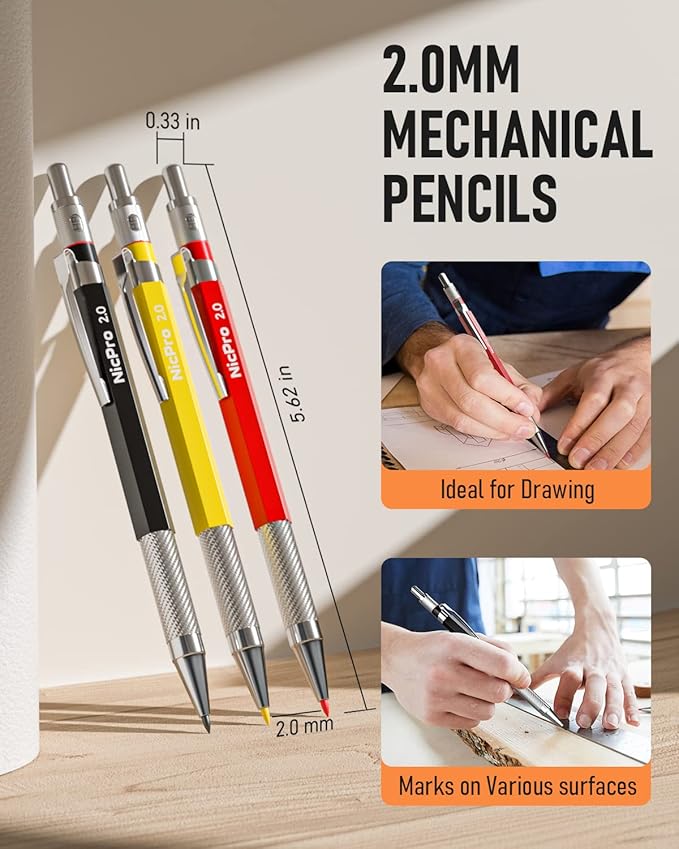 Nicpro 16 Pack Mechanical Carpenter Pencil Set with 42 Refill & Carbide Scribe Tool, Construction Pencils Heavy Duty Woodworking Pencils for Architect