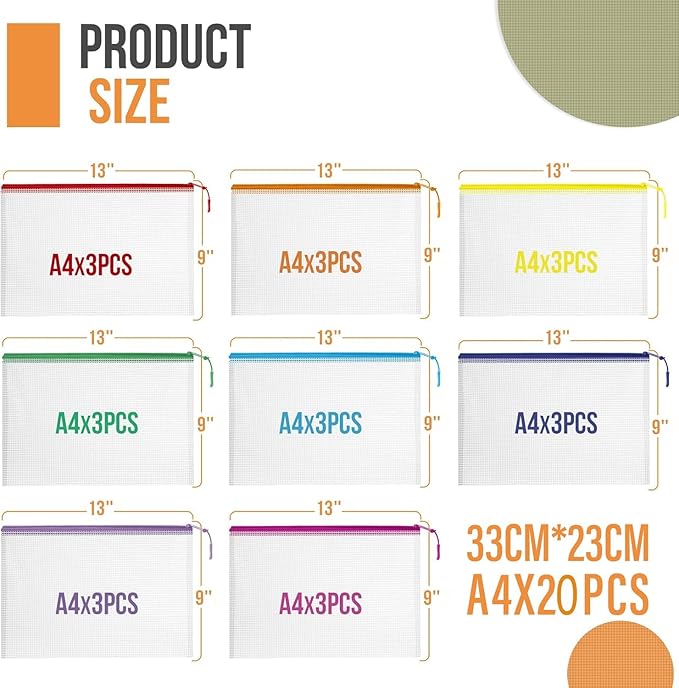 20PCS Mesh Zipper Pouch Bags, A4 13x9 Inches Waterproof Mesh Bags with Zipper, Plastic Zipper Pouch for Organizing, Mesh Bag for Travel Storage School Supplies, 8 Colors Assortment