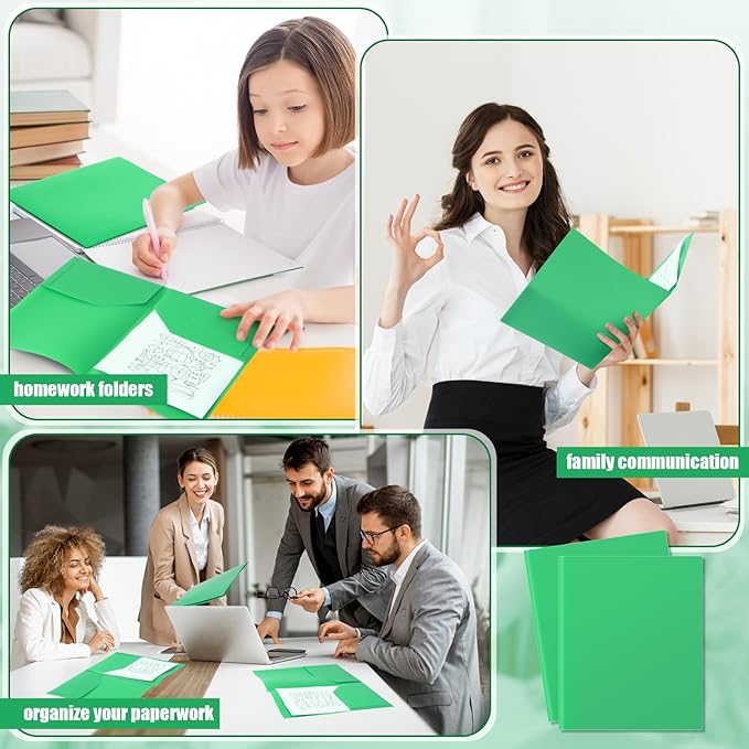 Gueevin 50 Pcs Plastic Folders with Pockets, Two Pocket Folder Fit Letter Size, Heavy Duty School Business Card Holder for Home Office School Bussiness, 11.61 x 9.45 Inches (Green)