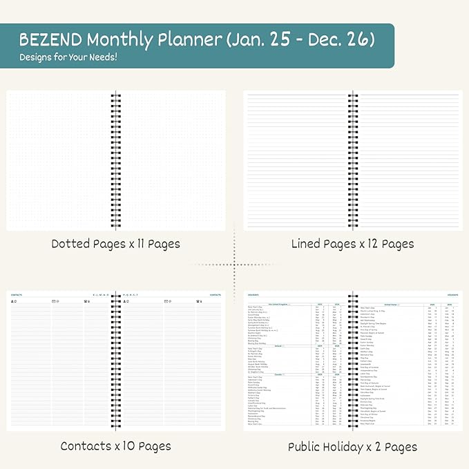 BEZEND 2 Year Monthly Planner 2025-2026 Medium Size 7" x 9" (Jan 2025 - Dec 2026) Spiral Calendar Book with Tabs, 120 GSM Thick Paper, Storage Pockets & Notes, PU Leather Softcover in Orange