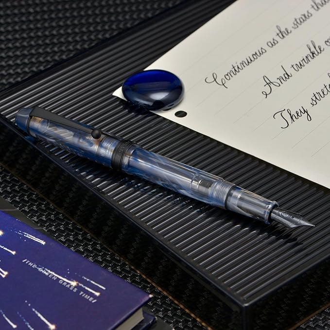 Asvine V126 Vacuum Filling Fountain Pen Extra Fine Nib, Blue Swirl Acrylic, Large-Capacity with Gift Case