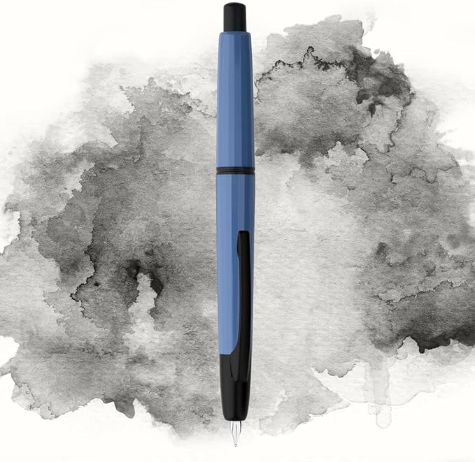Majohn A2 Press Fountain Pen Extra Fine Nib with Box, Retractable Blue Resin Ink Pen with Converter Writing Set (Black Clip Version)
