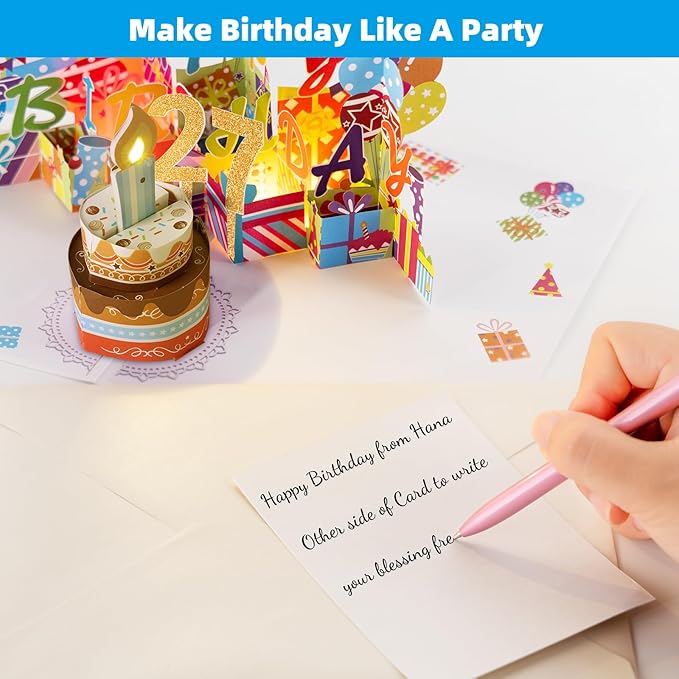 Gumry 27TH Musical Birthday PopUp Card, Blowable Colorful Light Candle 3D Cards with Song, Applause Cheers Sound, Greeting Cards Birthday Gifts Decorations for Women Men Turning 27 Years Old