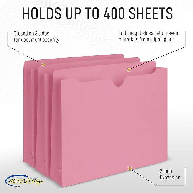 Pink File Jackets, 2 Inch Expansion, Letter Size, Reinforced Straight-Cut Tab, 6 Pack