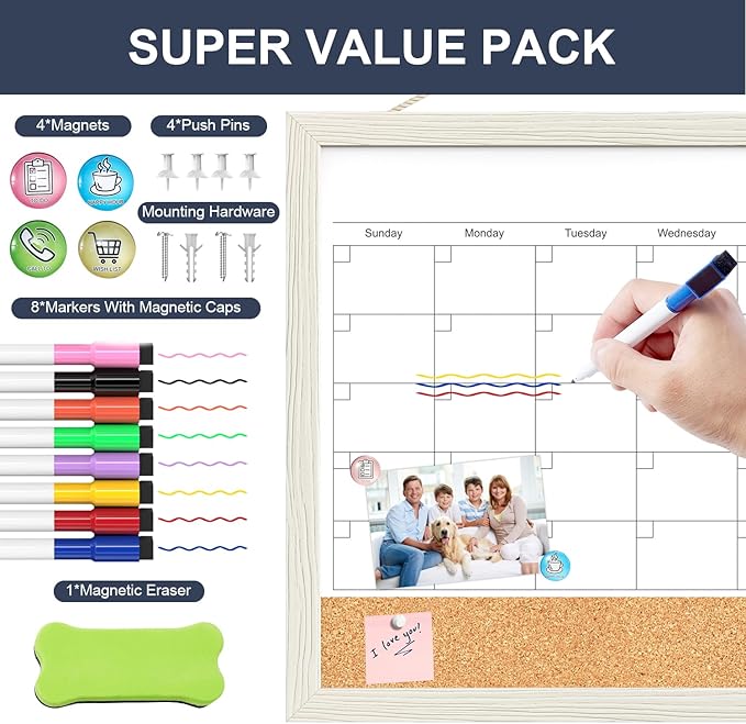 Calendar Whiteboard for Wall, TANKEE 17"x13" Whiteboard Calendar Cork Board Combo, Magnetic White Board Monthly Calendar with Wood Framed, Hanging Dry Erase Board for Kitchen Home Office Planner