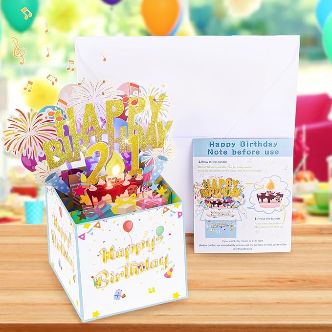 Tnvee 21ST Birthday Cards with Lights & Music & Candle, 3D Pop Up Singing Happy Birthday Greeting Cards Gfits for 21 Years Old Girl Boy Friends