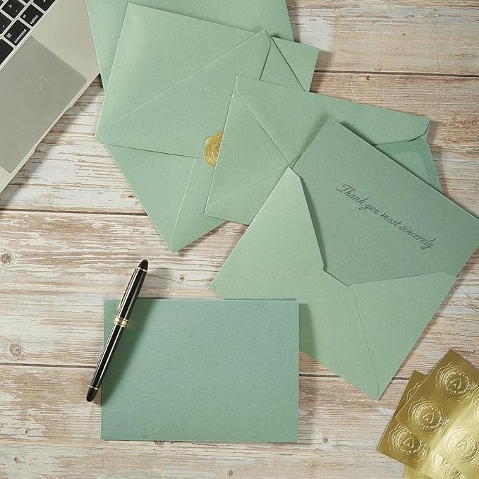 50 Pack Sage-Green A7 Envelopes with Cards 5x7 Thick Folded Cardstock and Gold Stickers for Greeting Cards, Wedding, Birthday, Invitations, Baby Showers (Sage-Green, 5x7)