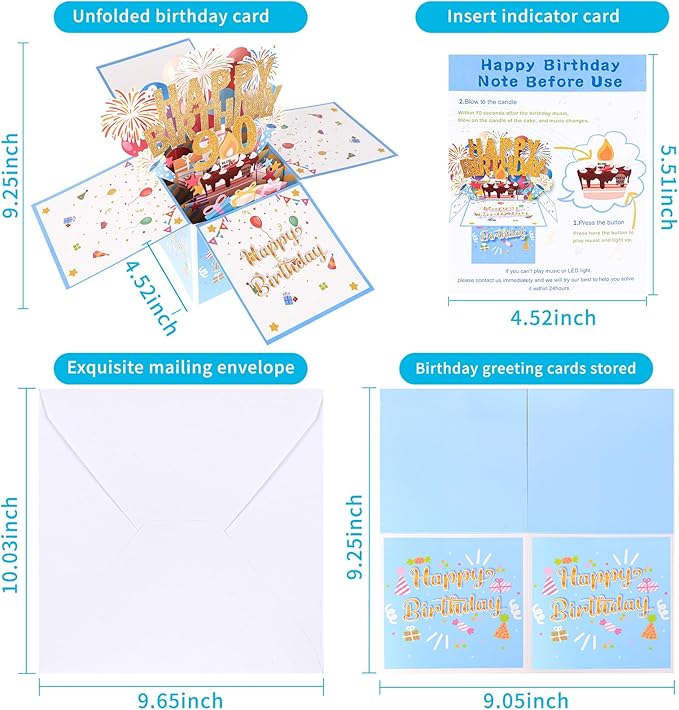 Tnvee 90TH Birthday Cards with Lights & Music & Candle, 3D Large Pop Up Happy Birthday Cards for Women Man Greeting Cards Decorations for 90 Years Old Mom Dad Grandparents