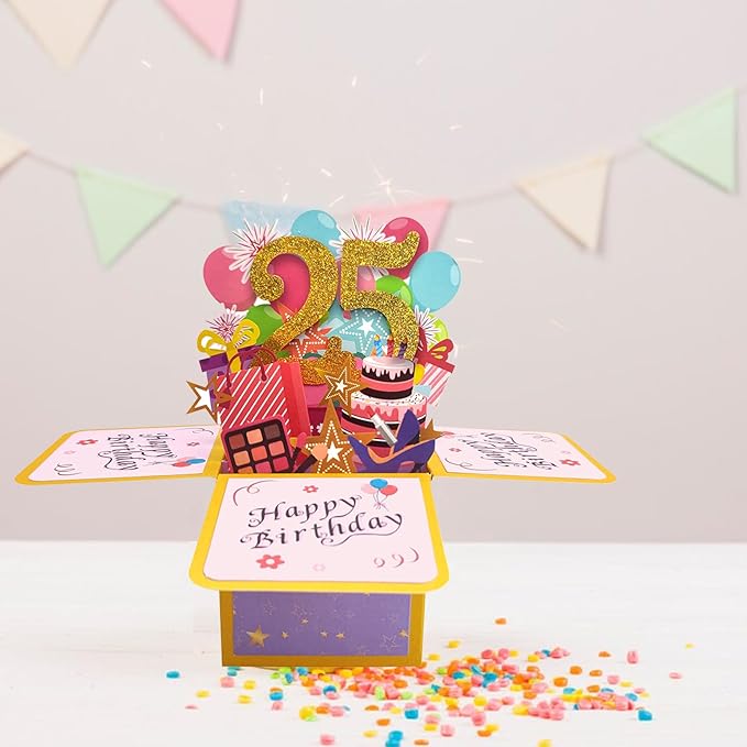 Asmallgf Funny 25th Birthday Pop Up Card for Son Daughter, Cool 25 Year Old Bday Gifts for Men Women, Sweet 25 Birthday 3D Greeting Card for Him Her, Great 25th Bday Gift Idea for Girlfriend Boyfriend
