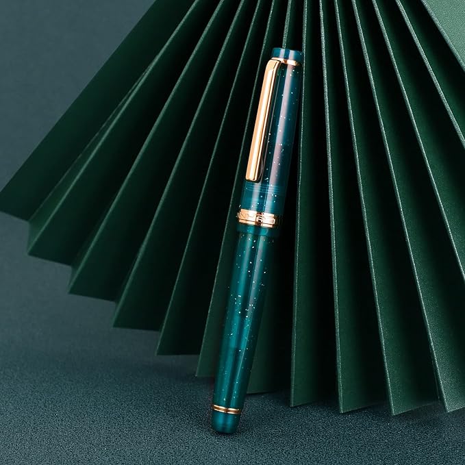 Jinhao 82 Acrylic Fountain Pen, Iridium Bent Nib with Ink Converter, Transparent Peacock Blue Fluorescent Classic Design Calligraphy Pen (Gold Trim)