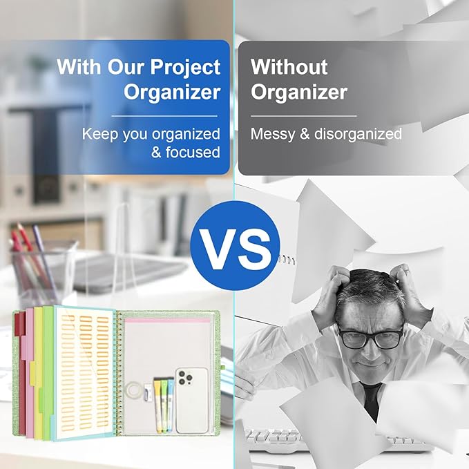 Ospelelf Green Foldable Spiral Clipboard Folio with Storage Zipper Pouch, 5 Plastic Folders with 10 Pockets, Refillable Lined Notepad (11" x 8.5"), Linen Hardcover Project Organizer