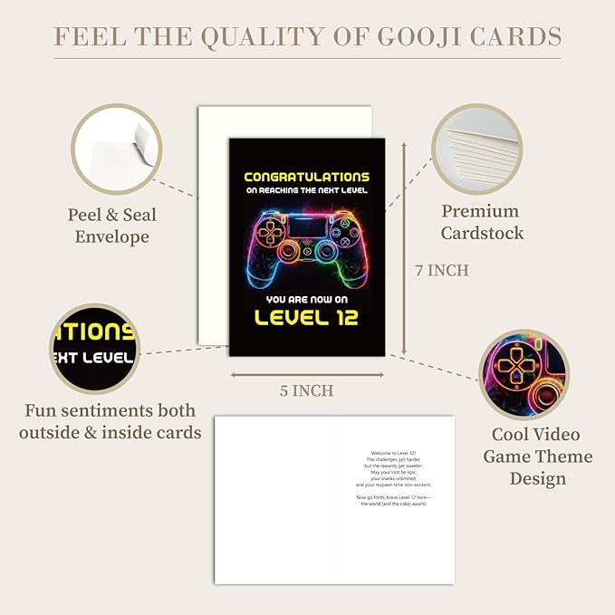 Gooji 5x7 Gamer Birthday Card for Boys โ Cool Video Game Birthday Card for Son, Grandson, Brother, Nephew, Kids Ages 9, 10, 11, 12 โ Fun Gift for Gamers (12Y)