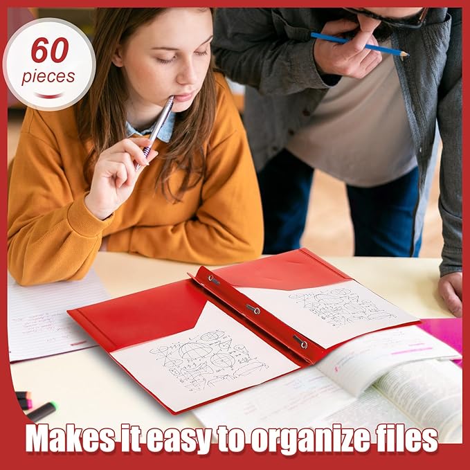 Yeaqee 60 Pcs Plastic Folders with Pockets and Prong Plastic Folders with 2 Pockets Pocket for Office, School for Students, Teachers, Office Workers (Red)