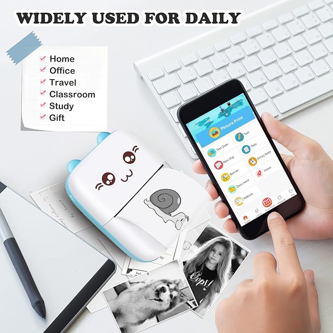 Mini Sticker Printer, Inkless Thermal Printer with 10 Rolls Paper, Portable Bluetooth Pocket Printers for Photo Journal Notes Memo, Compatible with Phone Android or iOS