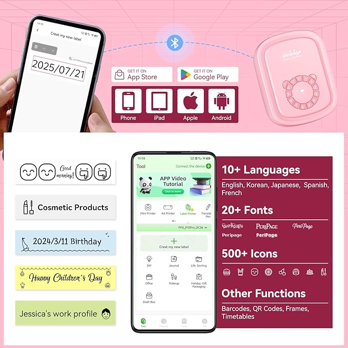 Portable Label Maker Machine P10Pro - Wireless Bluetooth Label Printer with Tape Included, Multiple Templates, Easy to Use for Office and Home Organization, USB Rechargeable๏ผPink๏ผ