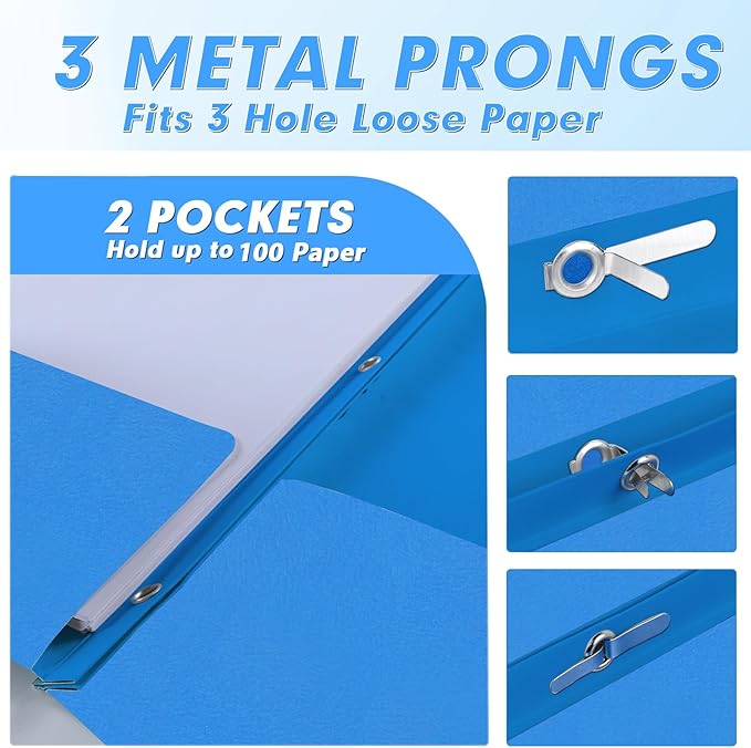 Two Pocket Folders, PANDRI 30 Pack Two Pocket Folders with Prongs, 3 Prong Folders Designed for Office and Classroom, Letter Size Lightblue