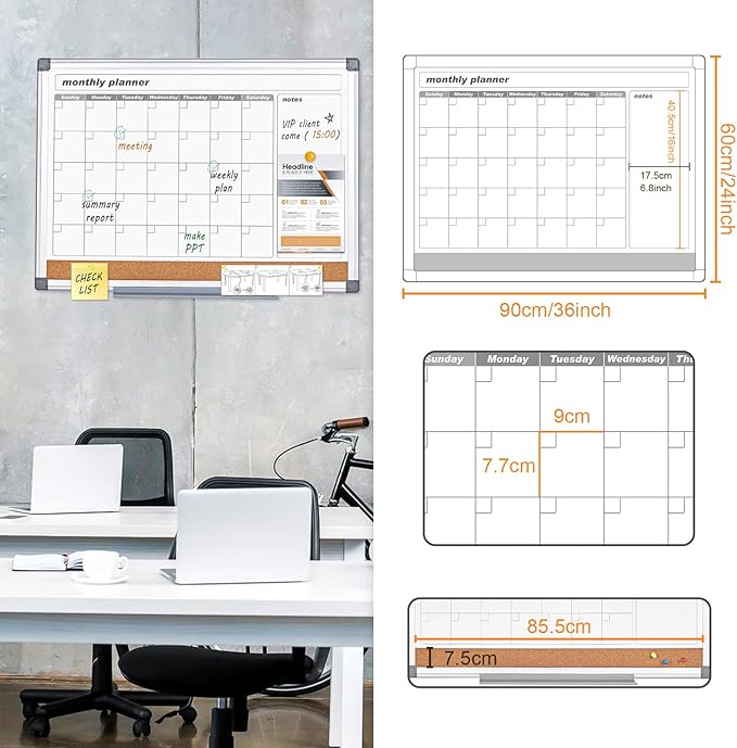 MAKELLO Dry Erase Calendar for Wall 36x24 in, Large Calendar Whiteboard with Cork Board for Office, Home, School, Family, Kitchen and Bedroom, 3' x 2'