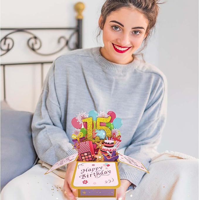 Asmallgf Sweet 15th Birthday Popup Greeting Card, Naughty Fifteen Bday Gift for Teen Girls Boys, Great 3D Greeting Card from Mom Dad