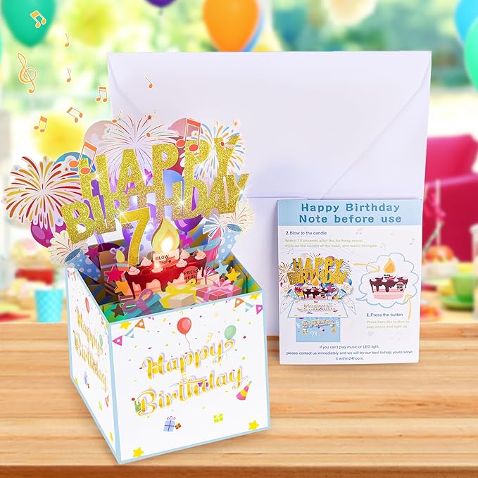 Tnvee 7TH Birthday Cards with Lights Music, 3D Pop Up Singing Happy Birthday Greeting Cards Gifts Ideal for 7 Year Old Kids Boy Girl