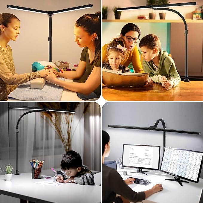 MACASA LED Desk Lamp for Office Dorm Home - Eye Caring Desk Light with Timer, Remote Control 24W Brightest Dual Screen Computer Monitor Gooseneck Dimmable Table lamp with Anti-Glare Cover Clamp