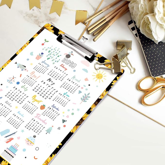 WAVEYU Clipboard, Cute Clipboard for Office, Decorative Clipboard with Low Profile Clip Design for Women Girl, Retractable Key Hole for Hanging Paperboard for Office School 12.5''x 9'', Sunflower