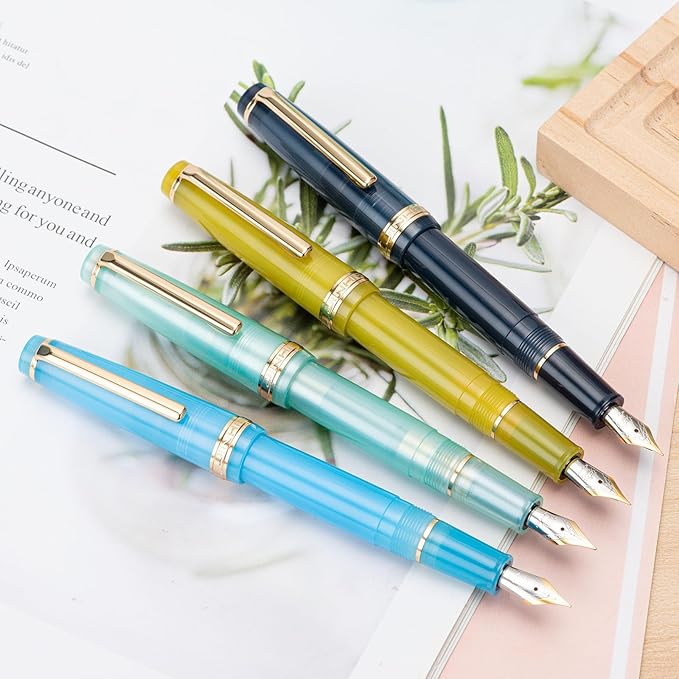 Jinhao 82 Acrylic Fountain Pen, Iridium Bent Nib with Ink Converter, Transparent Sea Blue Classic Design Calligraphy Pen (Gold Trim)