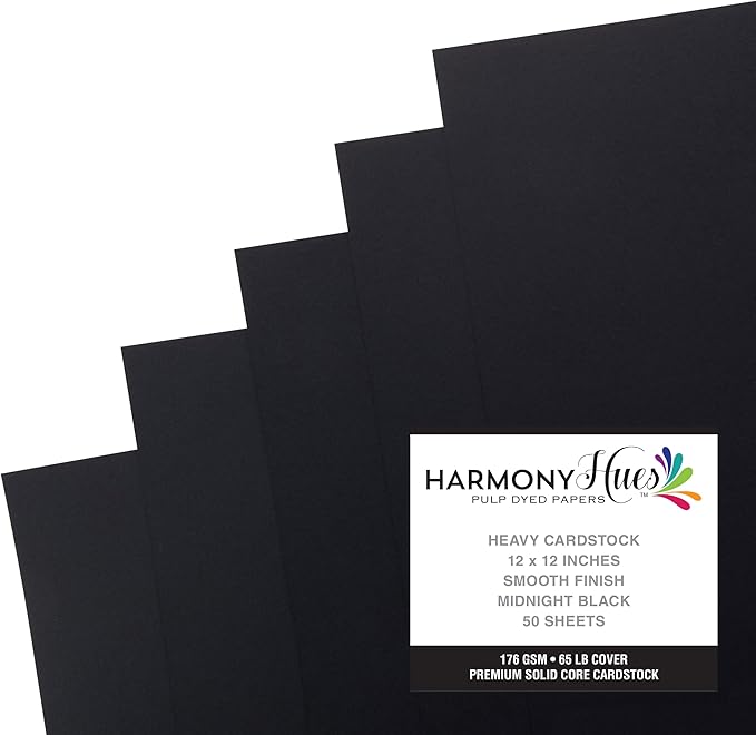 Cardstock 12 x 12 Paper Pack - 65lb Smooth Card Stock for Crafts, Cardmaking, Art Projects - 50 Square Scrapbook Sheets - Double Sided with Solid Core, Midnight Black