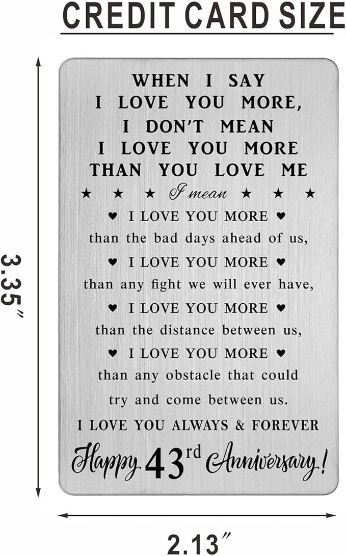 CPLJW 43rd 43 Year Anniversary Card Gifts for Him Her - Steel Card Gifts for Men - 43rd Wedding Anniversary Wallet Card Gifts