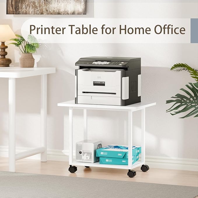 MARTY 22"x15.75" Large Under Desk Printer Stand with Storage Shelf 2-Tier Rolling Printer Cart with Wheels Printer Table for Home Office Heavy Duty Storage Rack for Scanner Fax Machine, White