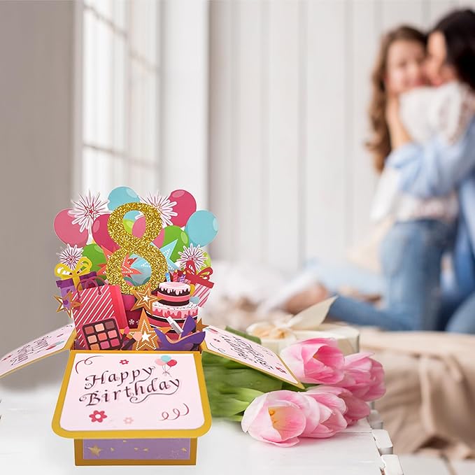 Asmallgf Happy 8th Birthday Popup Card for Daughter Niece, Sweet Birthday Gift for 8 Years Old Girl Boy, Eight Birthday Decorations for Him Her