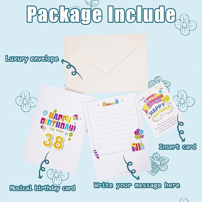 Gumry 38TH Musical Birthday PopUp Card, Blowable Colorful Light Candle 3D Cards with Song, Applause Cheers Sound, Greeting Cards Birthday Gifts Decorations for Women Men Turning 38 Years Old