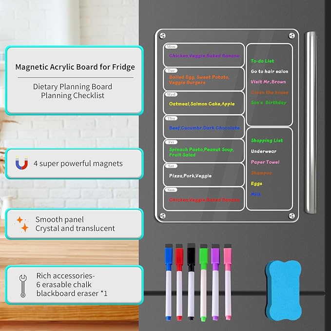 Acrylic Meal Planner Magnetic Menu Board for Kitchen Fridge, Clear Weekly Calendar Planning Board Refrigerator to Do/Grocery/Shopping List/Chore Chart, Magnetic Pen Holder and Eraser, 11.8 x 8’’