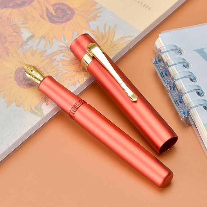 Hongdian M2 Black Forest Mini Fountain Pen, Medium Soft Golden Nib & Sleek Shape Aluminium Short Pocket Travel Pen (Orange Red)